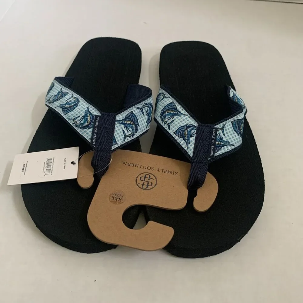 Simply Southern Men's Size 2XL 12/13.5 Marlin Print Flip Flops Thong Sandals New